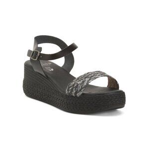VALERIAS Black Made In Spain Leather Flatform Wedge Sandals